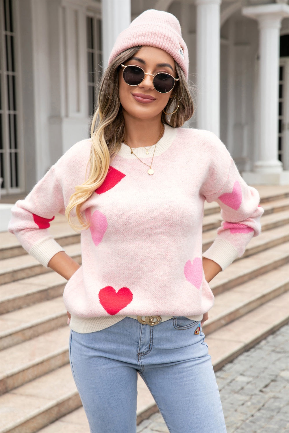 Heart Round Neck Droppped Shoulder Sweater - Tantalize Boutique