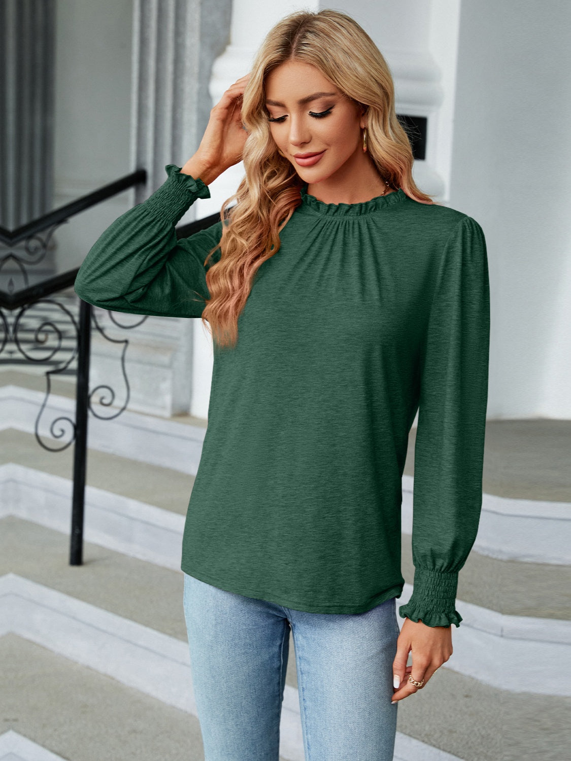 Frill Mock Neck Long Sleeve Blouse - Tantalize Boutique
