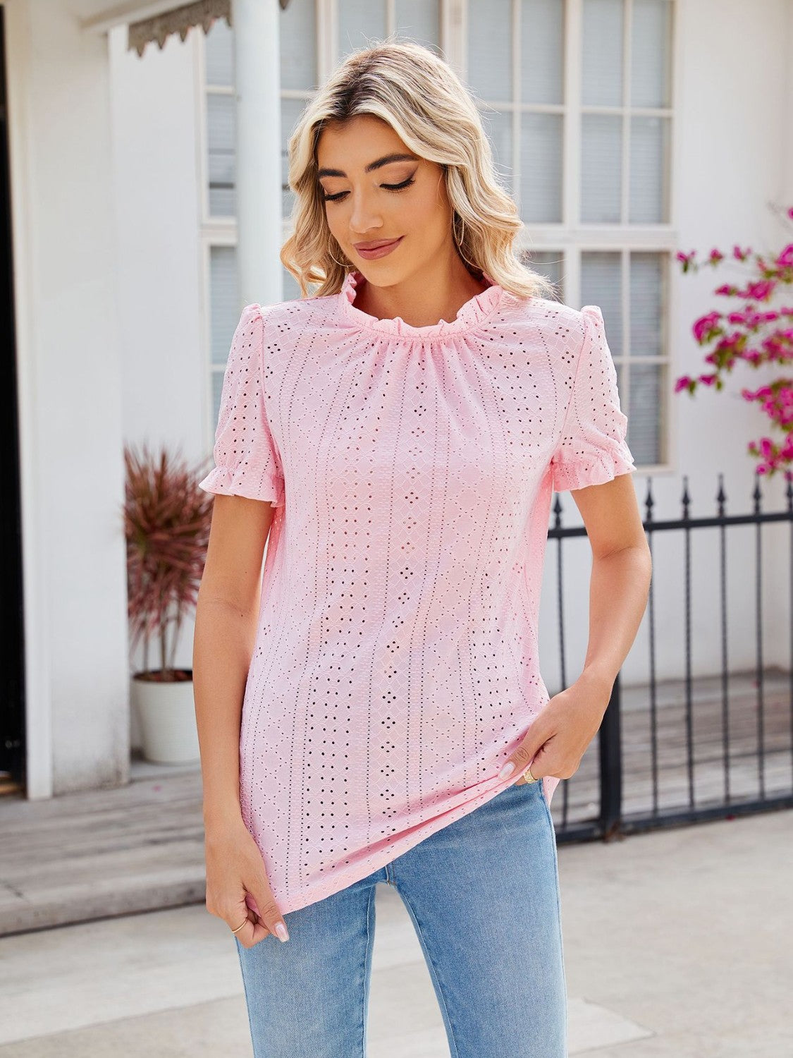 Eyelet Frill Mock Neck Flounce Sleeve Blouse - Tantalize Boutique