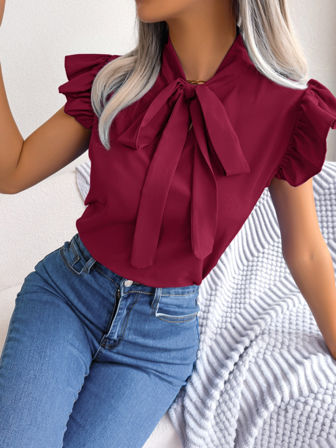 Tie  Neck Cap Sleeve Blouse - Tantalize Boutique