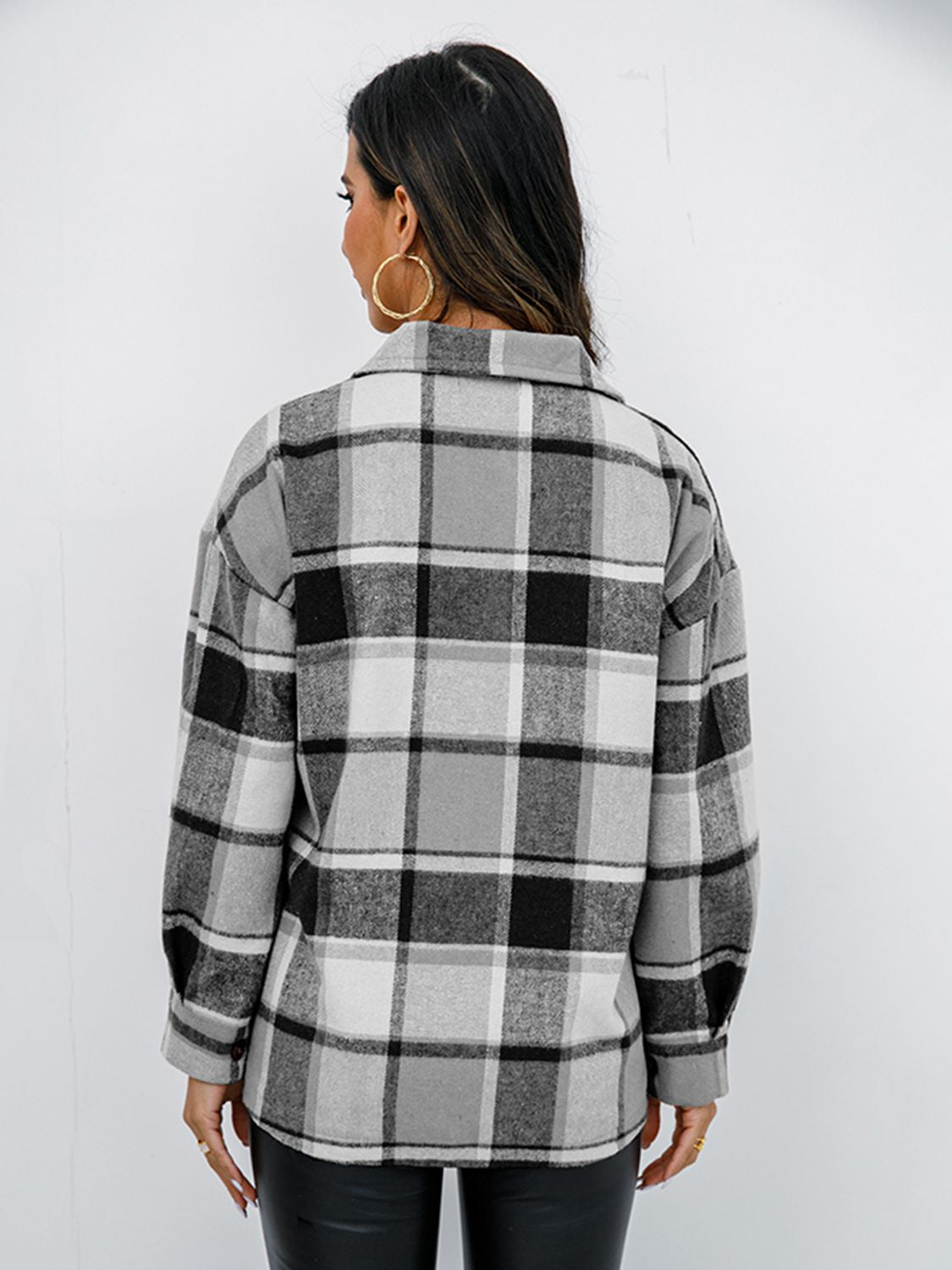 Plaid Button Up Collared Neck Jacket - Tantalize Boutique