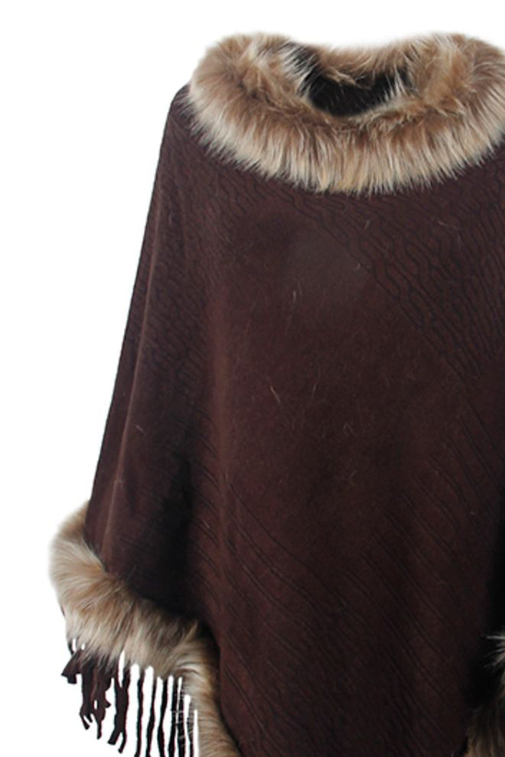 Faux Fur Trim Fringed Poncho - Tantalize Boutique
