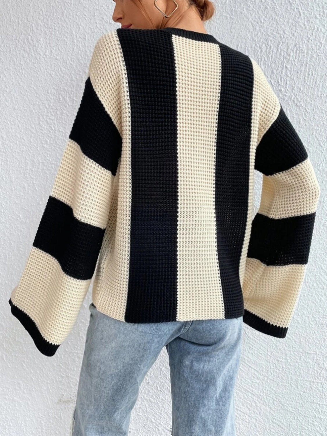 Striped Mock Neck Long Sleeve Sweater - Tantalize Boutique