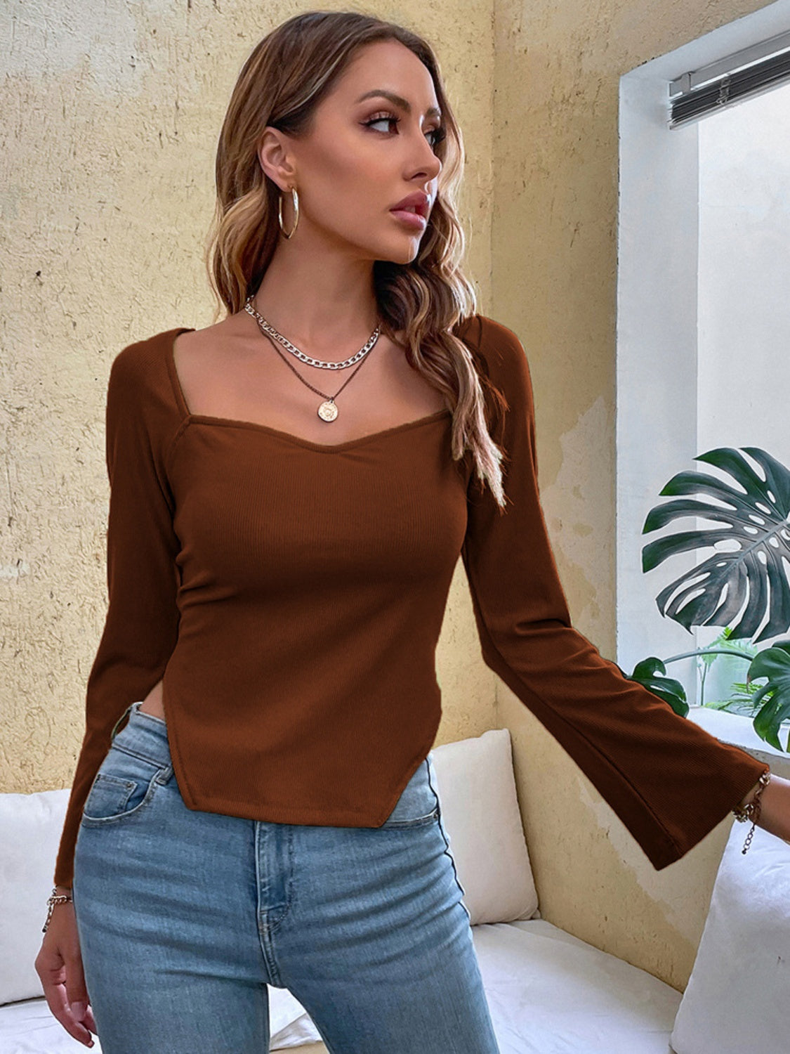 Slit Sweetheart Neck Flare Sleeve T-Shirt - Tantalize Boutique
