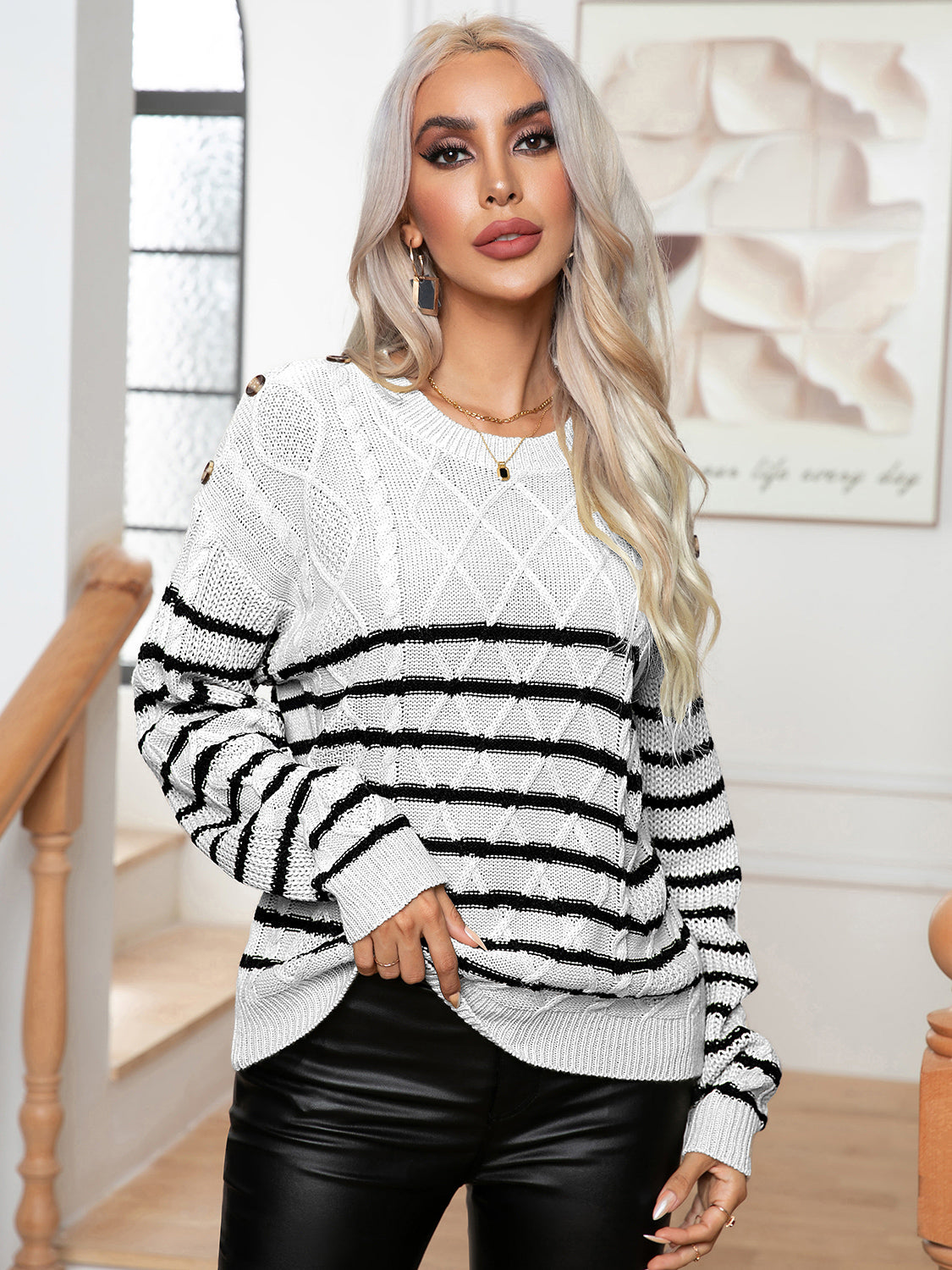 Striped Round Neck Cable-Knit Sweater - Tantalize Boutique