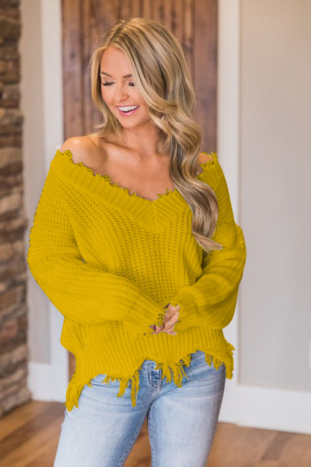 Frayed Hem Dropped Shoulder Sweater - Tantalize Boutique