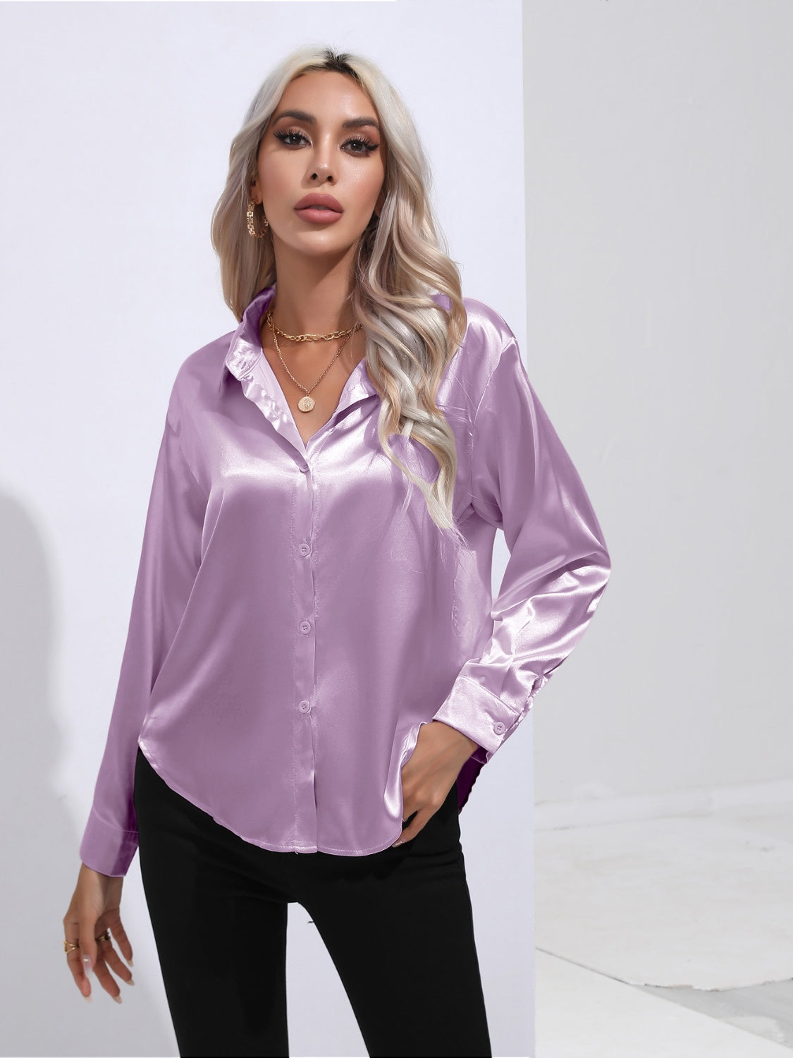 Collared Neck Buttoned Long Sleeve Shirt - Tantalize Boutique