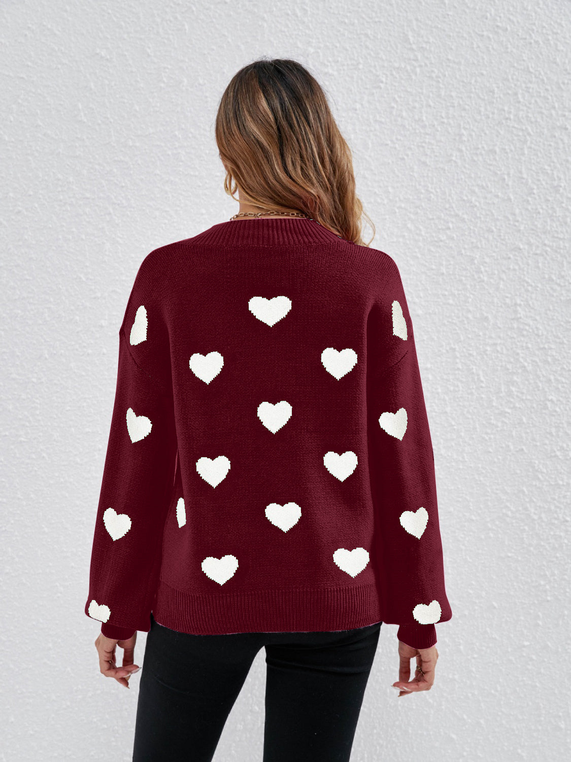 Heart Round Neck Dropped Shoulder Sweater - Tantalize Boutique