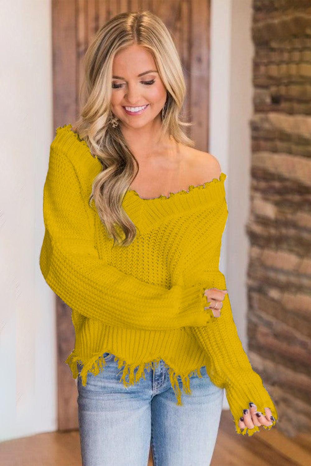 Frayed Hem Dropped Shoulder Sweater - Tantalize Boutique