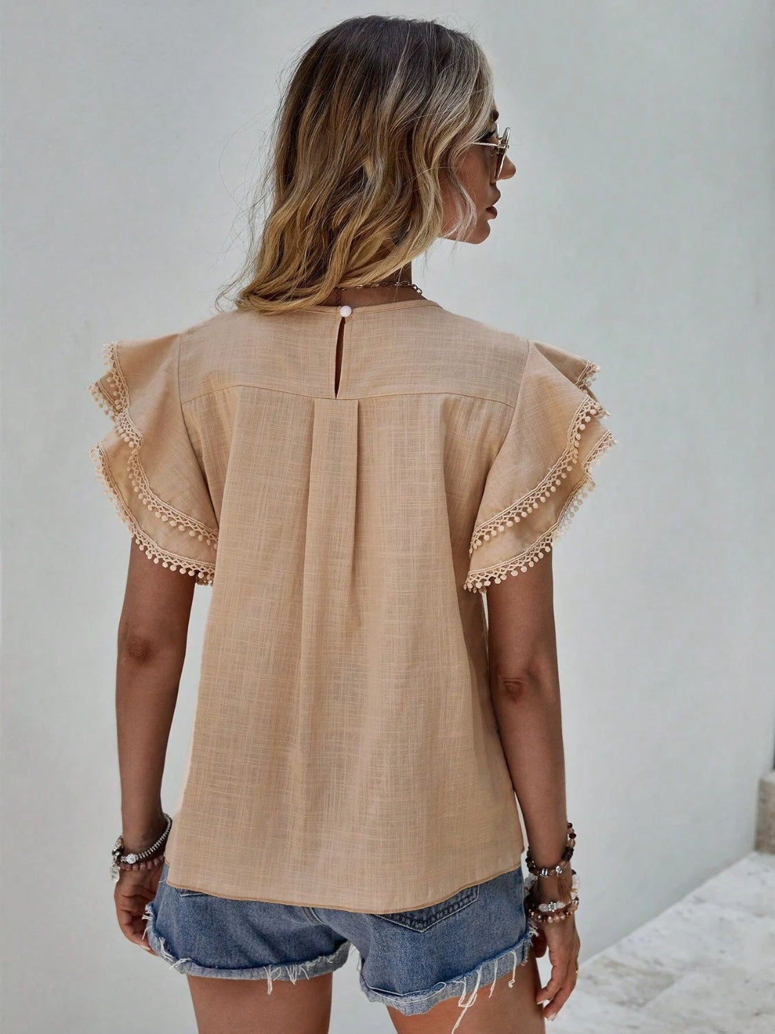 Ruffled Cap Sleeve Round Neck Blouse - Tantalize Boutique