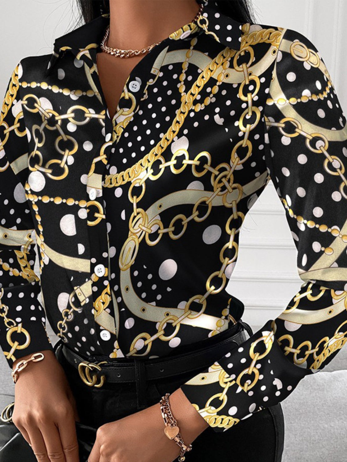 Printed Collared Neck Long Sleeve Shirt - Tantalize Boutique