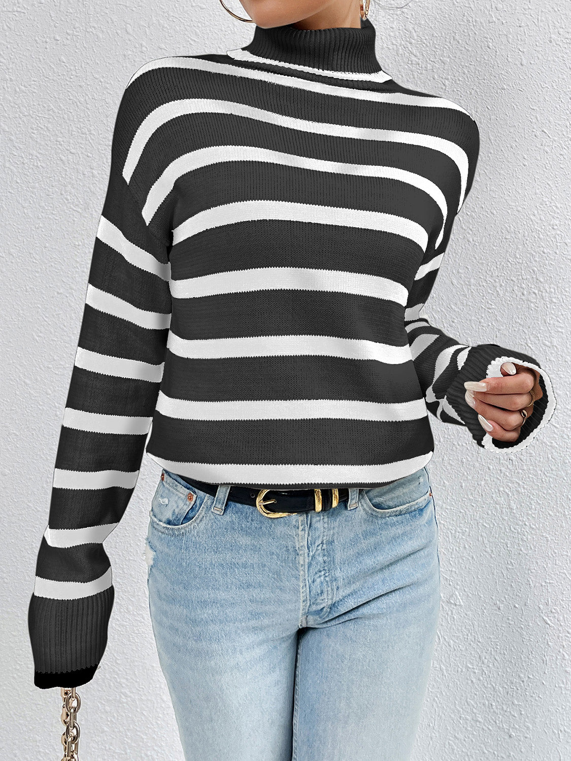 Striped Turtleneck Long Sleeve Sweater - Tantalize Boutique