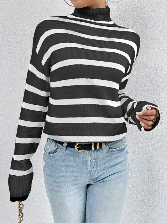 Striped Turtleneck Long Sleeve Sweater - Tantalize Boutique