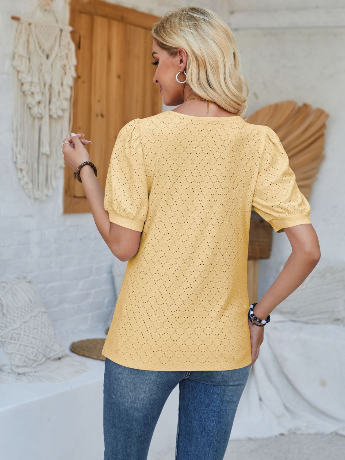Eyelet Asymmetrical Neck Short Sleeve T-Shirt - Tantalize Boutique