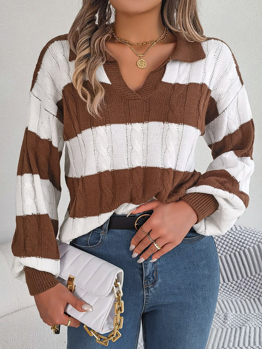 Cable-Knit Striped Long Sleeve Sweater - Tantalize Boutique