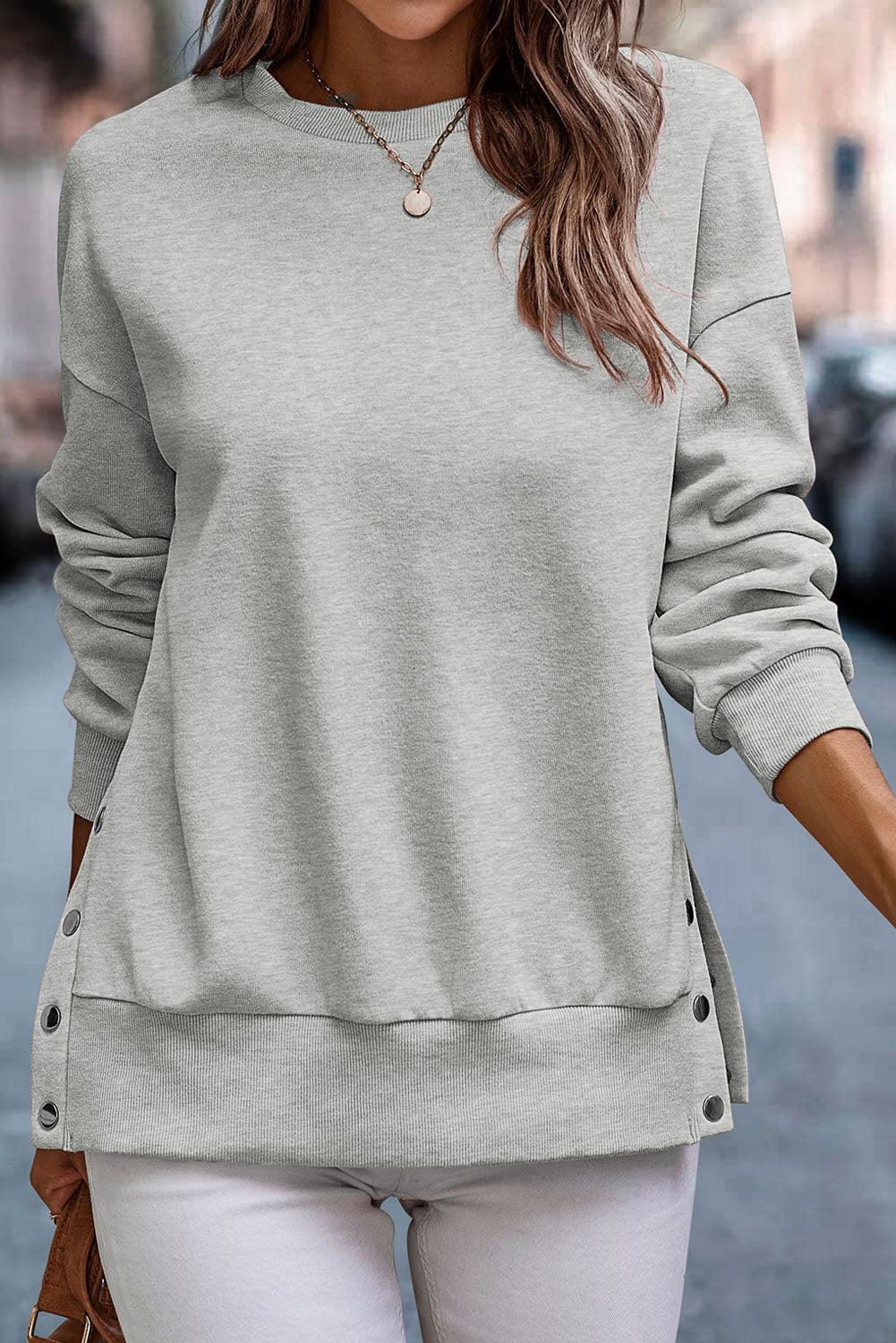 Snap Detail Round Neck Dropped Shoulder Sweatshirt - Tantalize Boutique