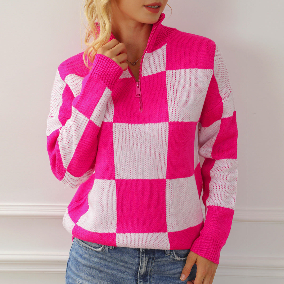 Checkered Half Zip Long Sleeve Sweater - Tantalize Boutique