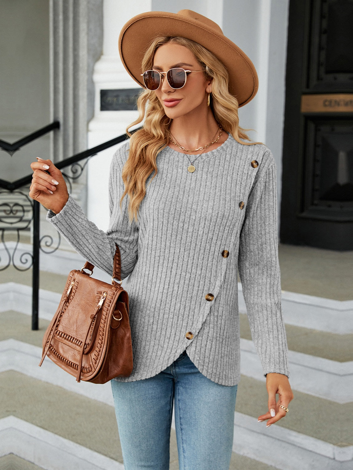 Round Neck Long Sleeve Blouse - Tantalize Boutique
