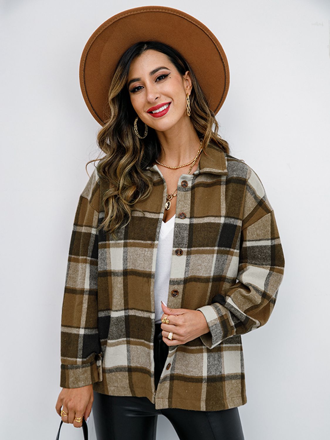 Plaid Button Up Collared Neck Jacket - Tantalize Boutique
