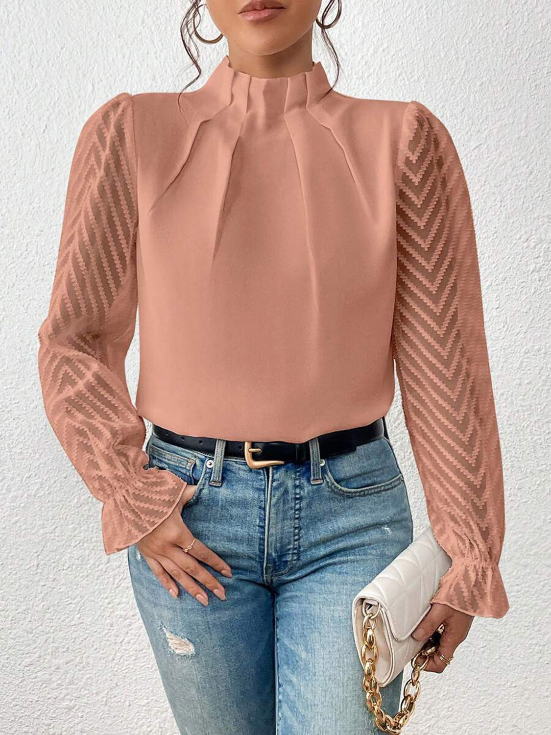 Mock Neck Flounce Sleeve Blouse - Tantalize Boutique