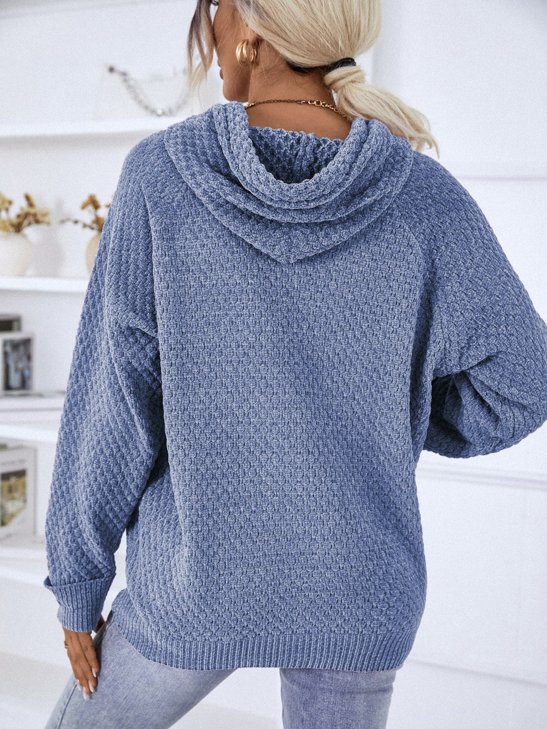 Texture Drawstring Long Sleeve Hooded Sweater - Tantalize Boutique