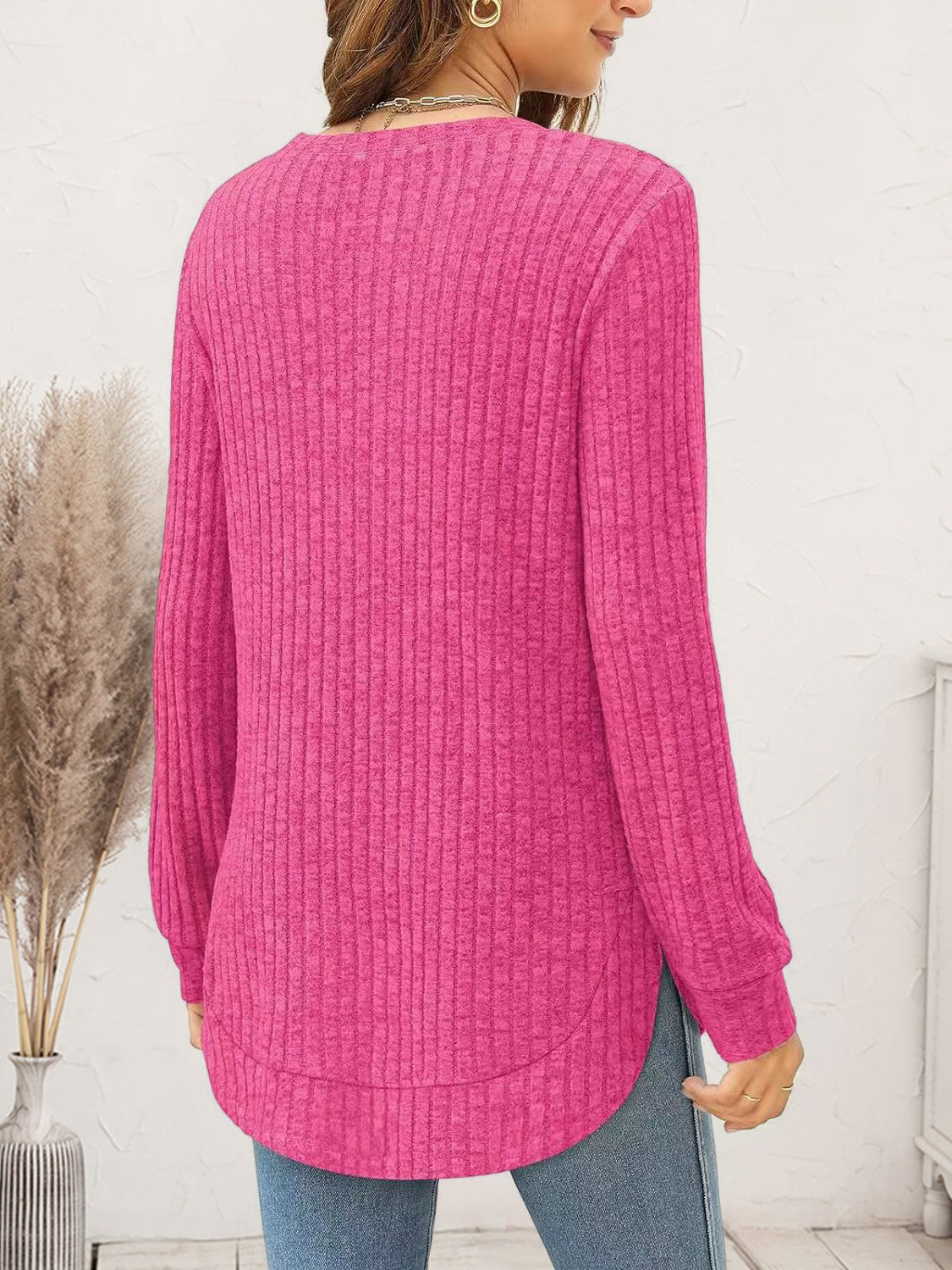 Ribbed Round Neck Long Sleeve T-Shirt - Tantalize Boutique