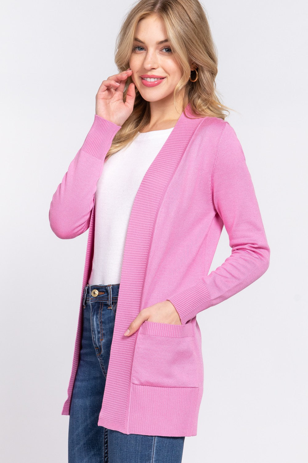 ACTIVE BASIC Ribbed Trim Open Front Cardigan - Tantalize Boutique