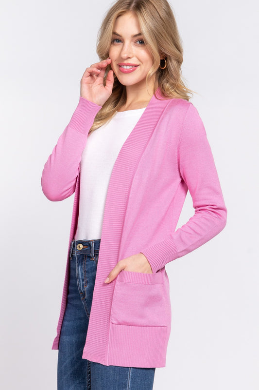 ACTIVE BASIC Ribbed Trim Open Front Cardigan - Tantalize Boutique