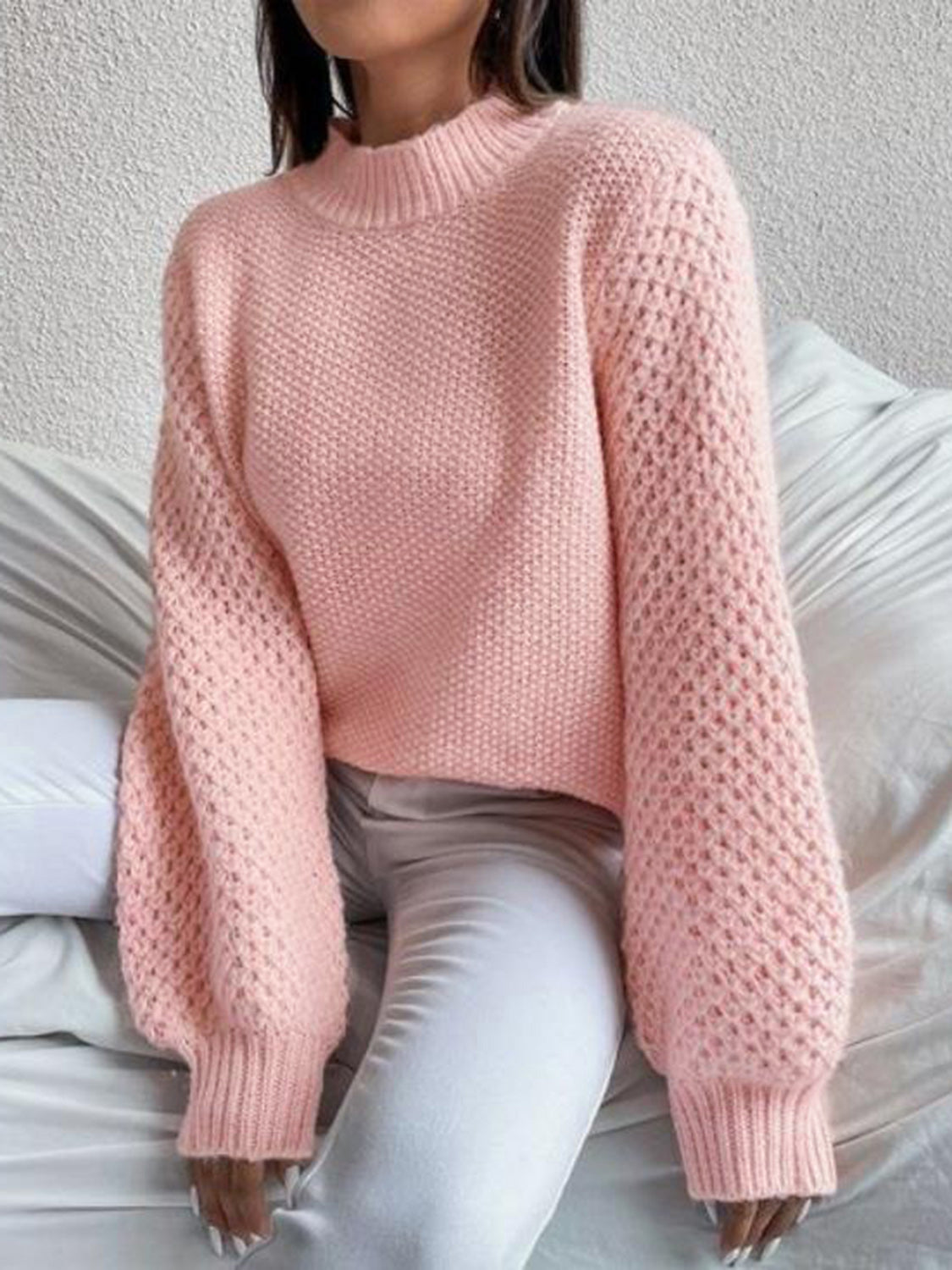 Openwork Mock Neck Long Sleeve Sweater - Tantalize Boutique