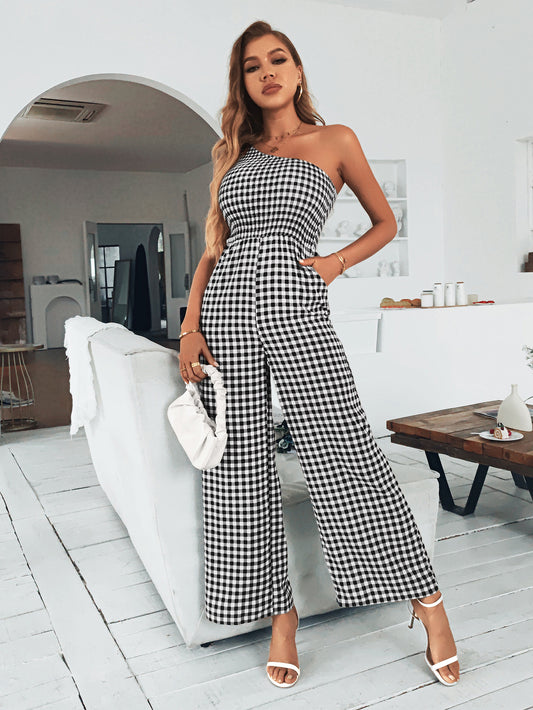 Plaid One-Shoulder Wide Leg Jumpsuit with Pockets - Tantalize Boutique