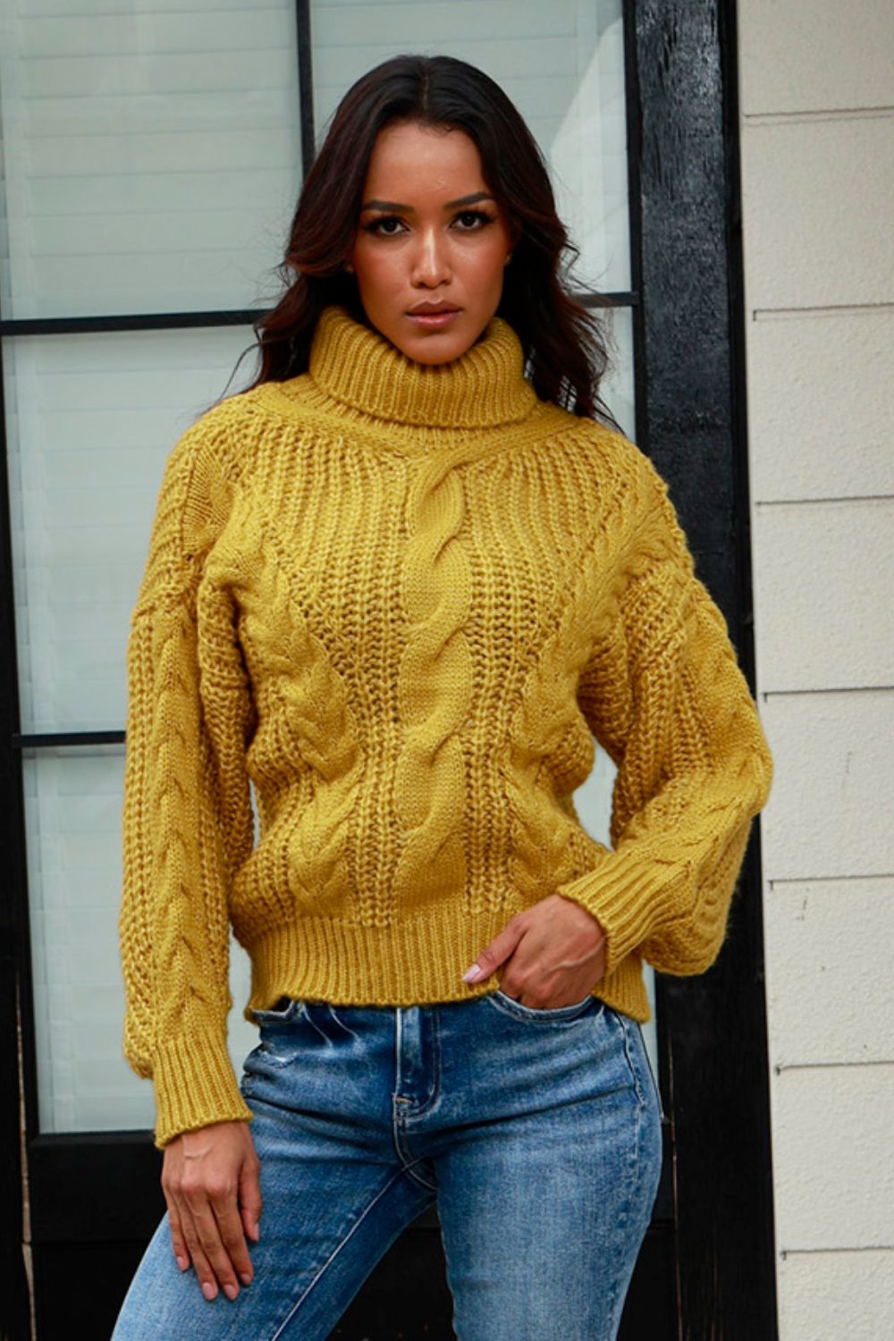 Cable-Knit Turtleneck Long Sleeve Sweater - Tantalize Boutique
