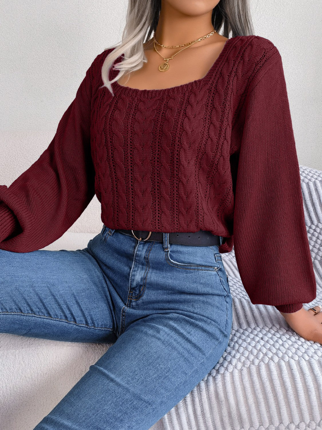 Cable-Knit Square Neck Long Sleeve Sweater - Tantalize Boutique
