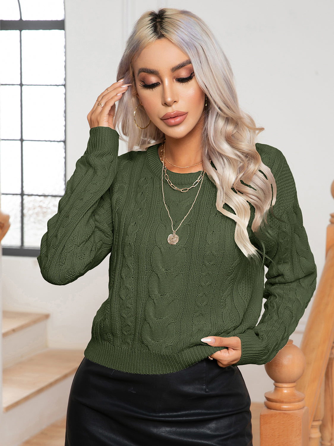 Cable-Knit Round Neck Long Sleeve Sweater - Tantalize Boutique