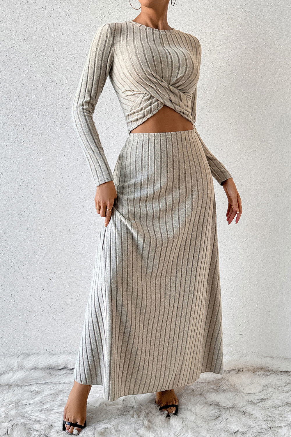 Ribbed Round Neck Top and Skirt Set - Tantalize Boutique