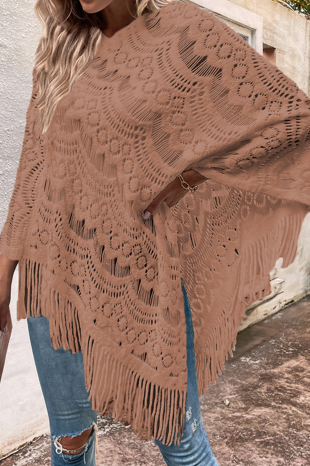 Openwork Fringe Detail Poncho - Tantalize Boutique