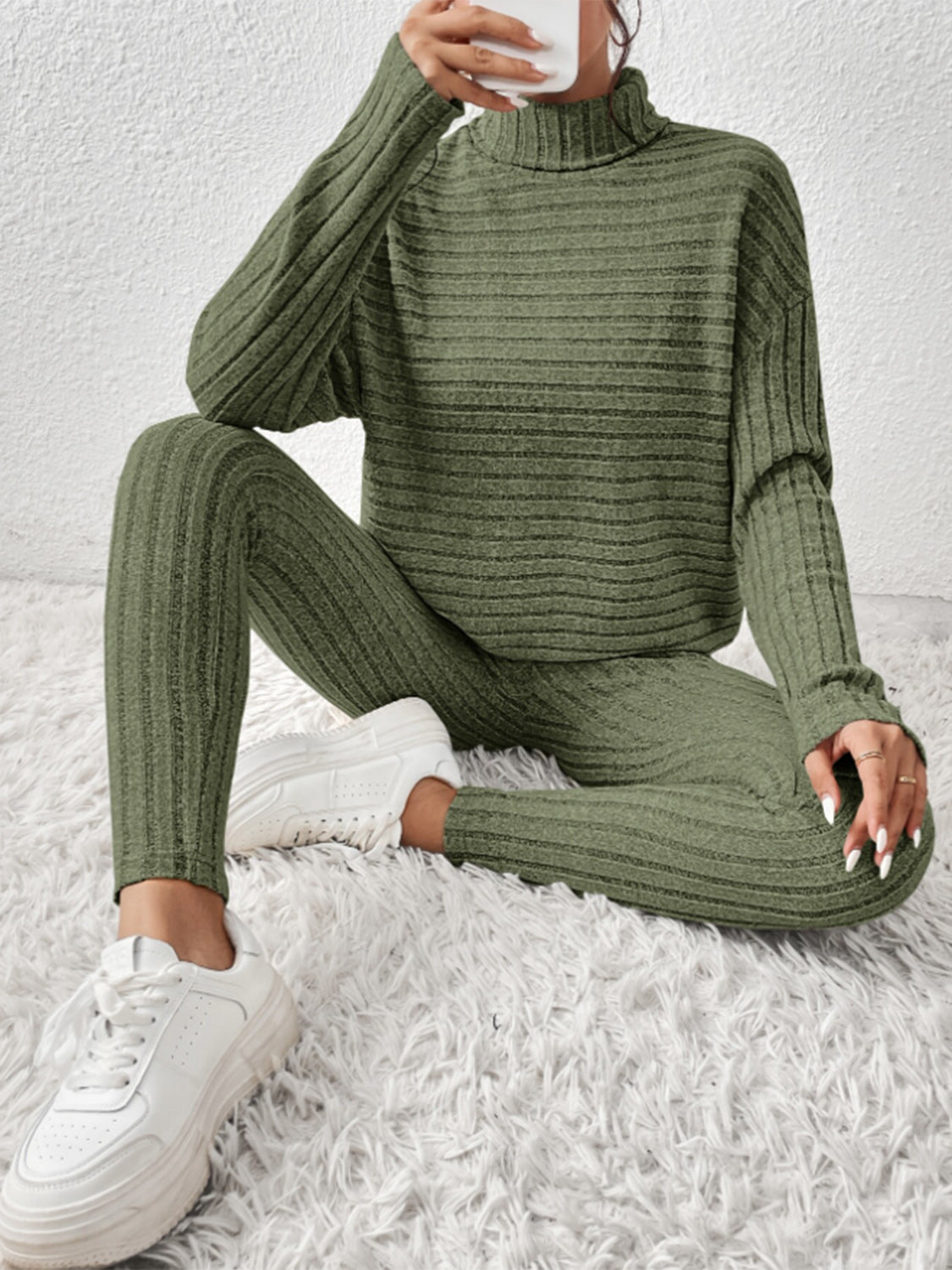 Ribbed Turtleneck Top and Pants Set - Tantalize Boutique