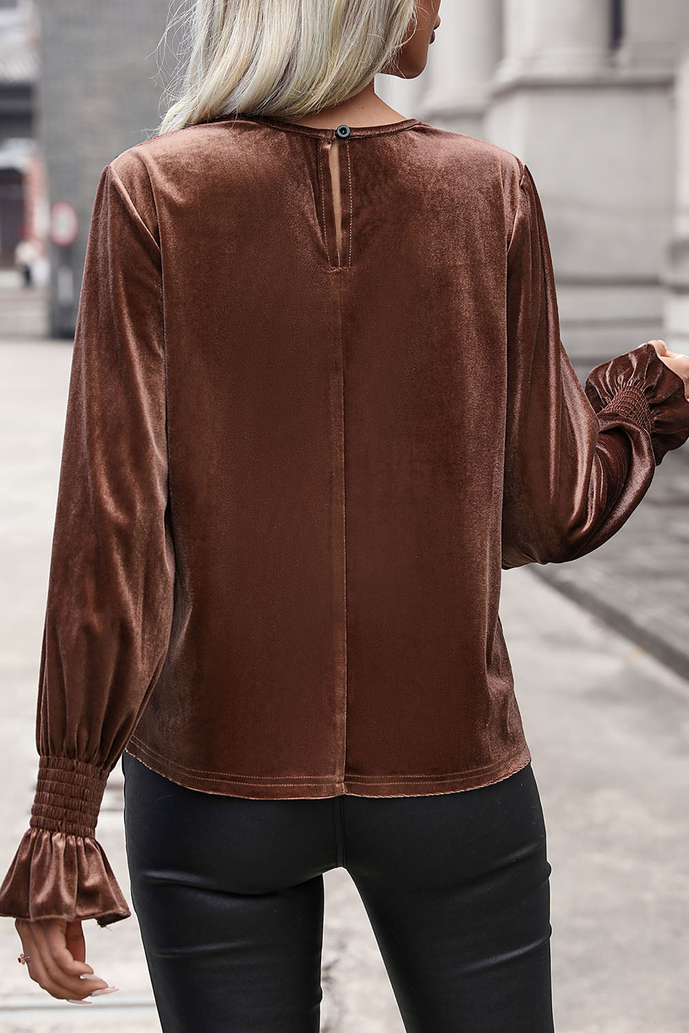 Lace Detail Round Neck Smocked Flounce Sleeve Blouse - Tantalize Boutique