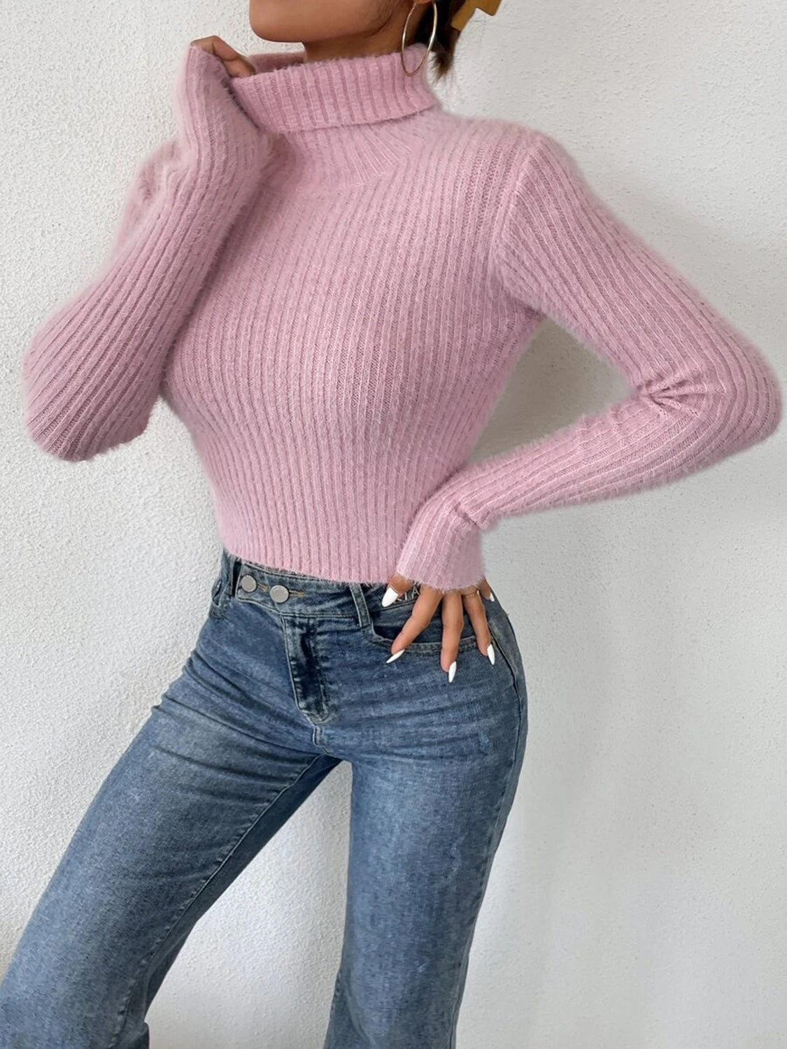 Ribbed Turtleneck Long Sleeve Sweater - Tantalize Boutique