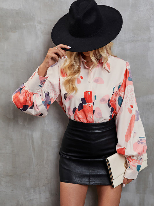 Printed Button Up Lantern Sleeve Shirt - Tantalize Boutique