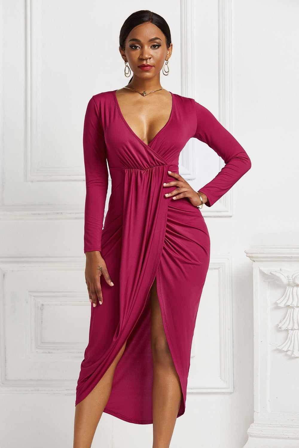 High-low Ruched Surplice Long Sleeve Dress - Tantalize Boutique