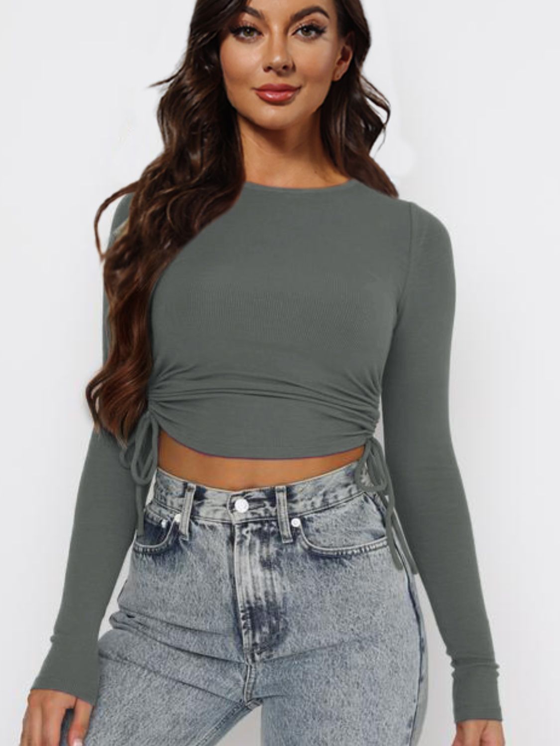 Drawstring Round Neck Long Sleeve Top - Tantalize Boutique