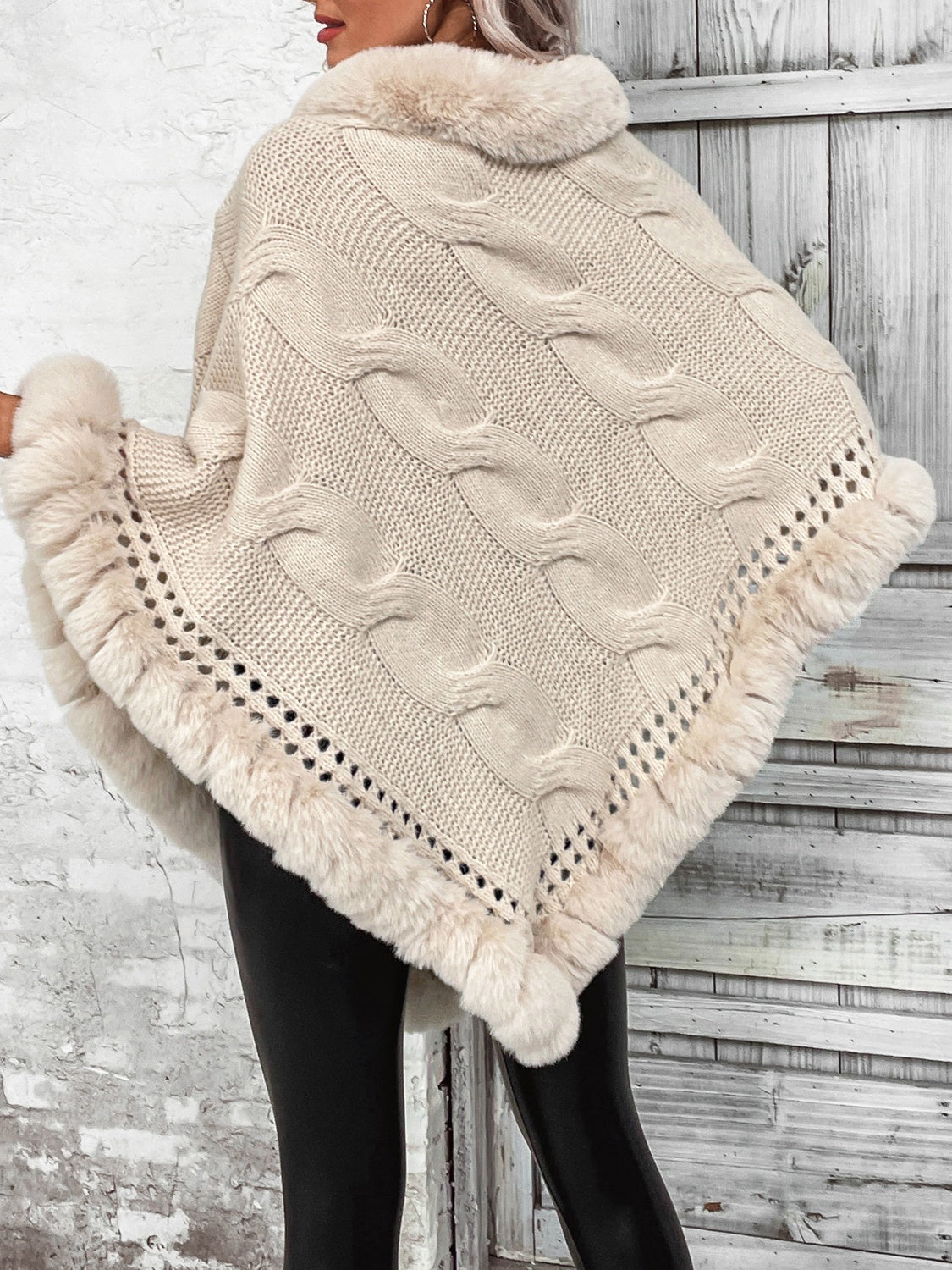 Faux Fur Trim Cable-Knit Poncho - Tantalize Boutique