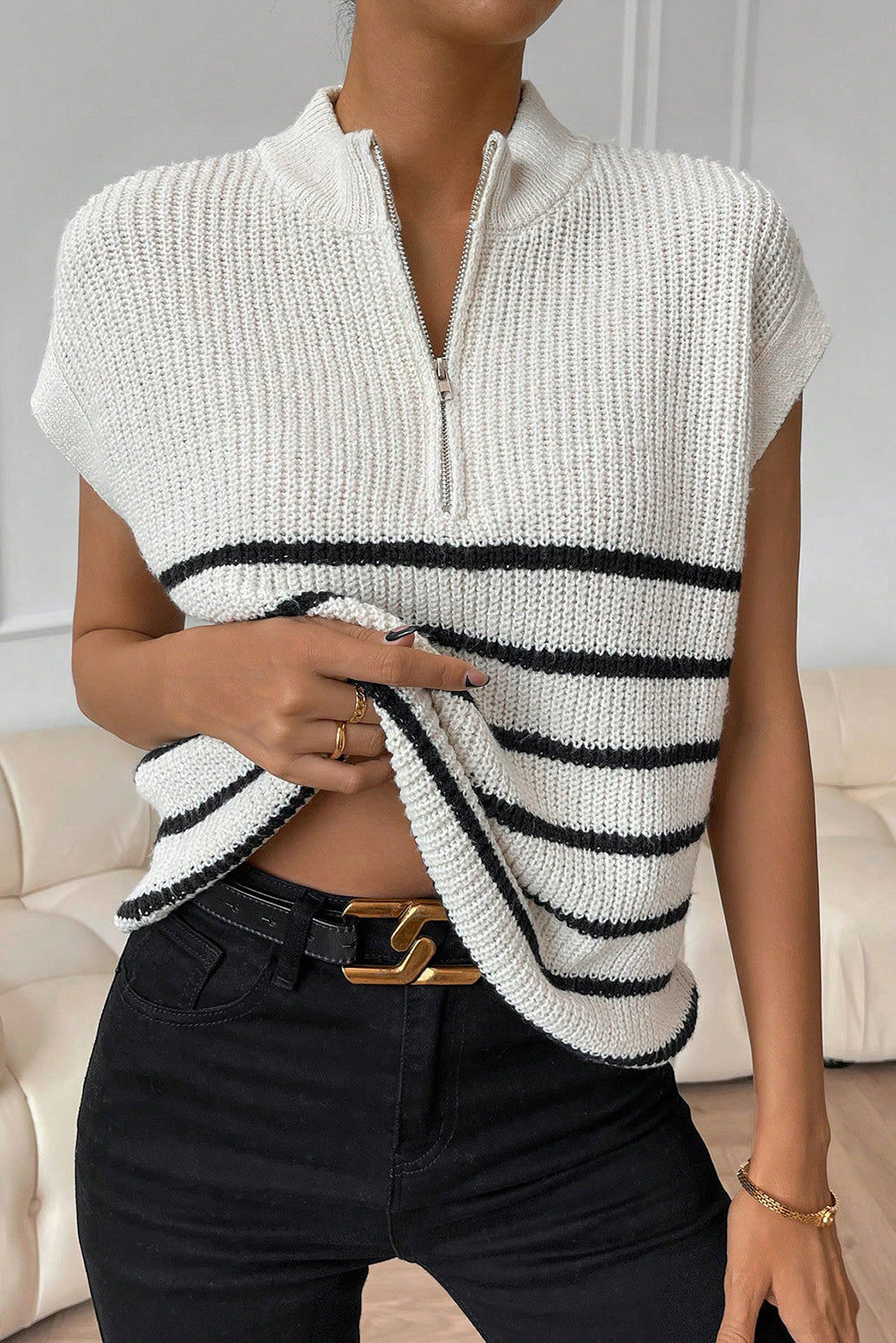 Striped Mock Neck Half Zip Sweater Vest - Tantalize Boutique