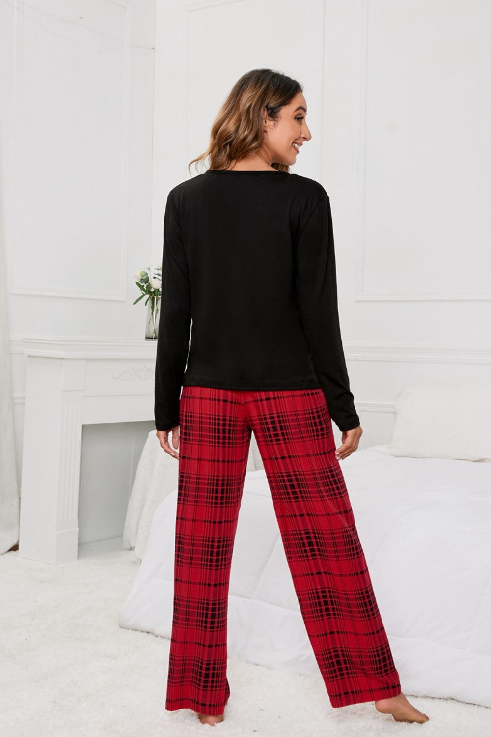 Round Neck Long Sleeve Top and Bow Plaid Pants Lounge Set - Tantalize Boutique
