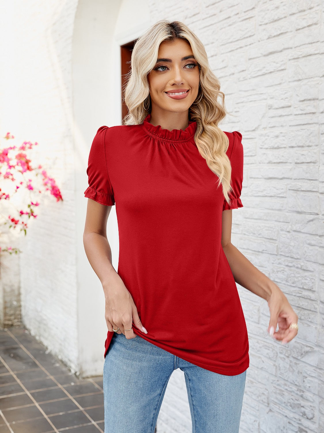 Frill Mock Neck Flounce Sleeve Blouse - Tantalize Boutique
