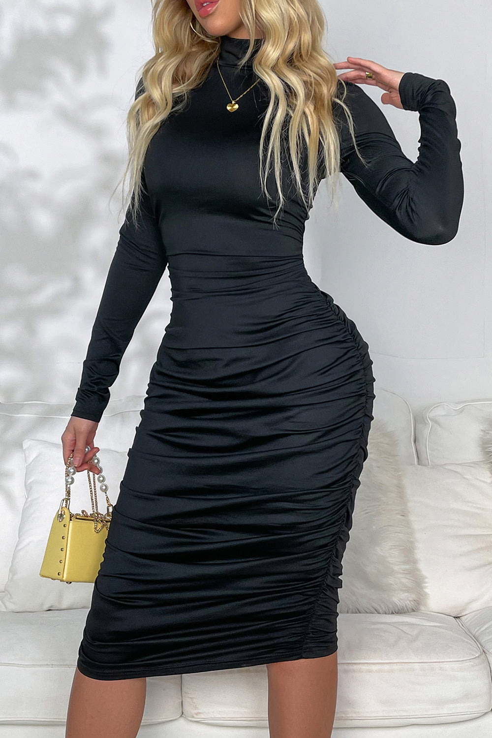 Ruched Mock Neck Long Sleeve Dress - Tantalize Boutique
