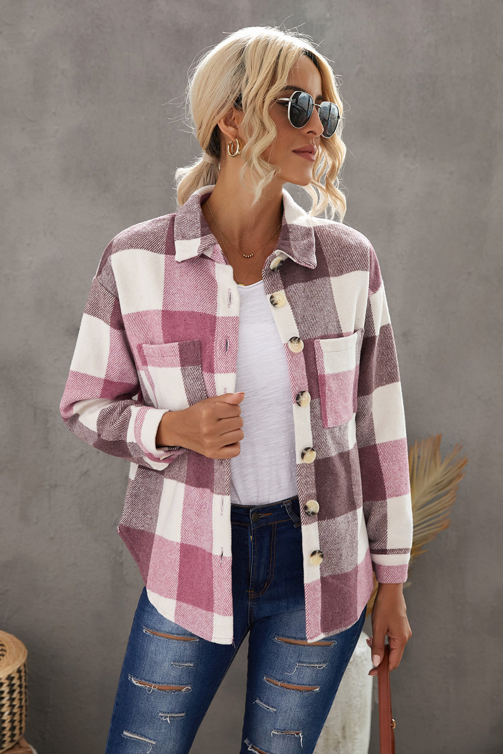 Plaid Button Up Dropped Shoulder Jacket - Tantalize Boutique