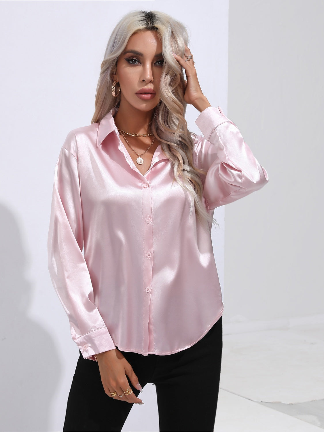 Collared Neck Buttoned Long Sleeve Shirt - Tantalize Boutique