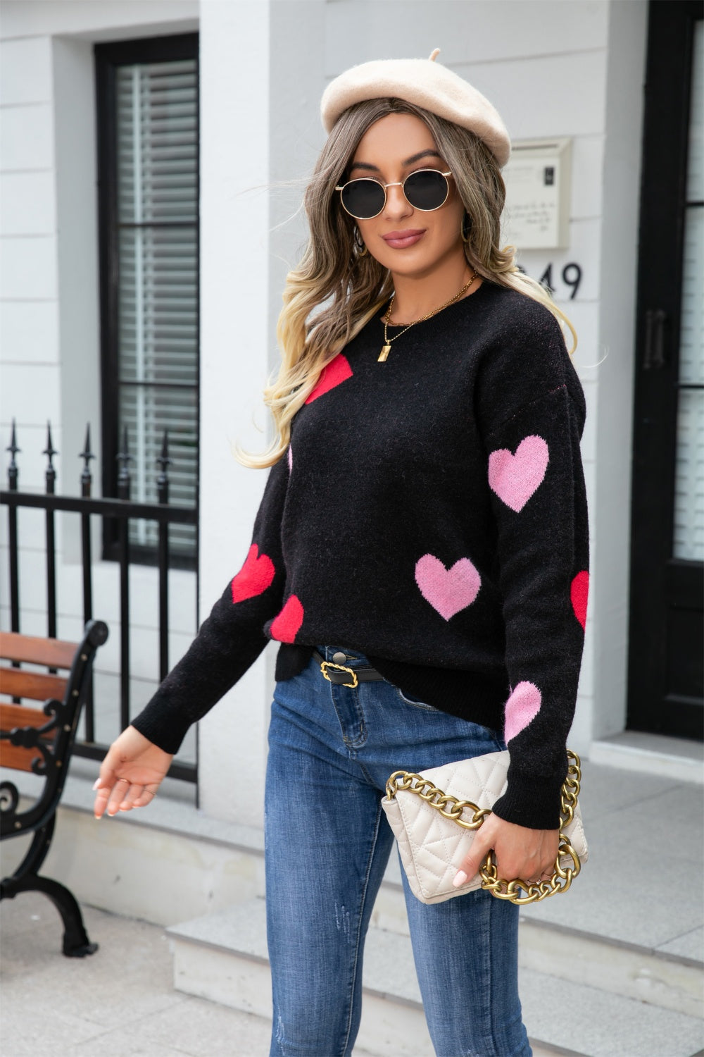 Heart Round Neck Droppped Shoulder Sweater - Tantalize Boutique