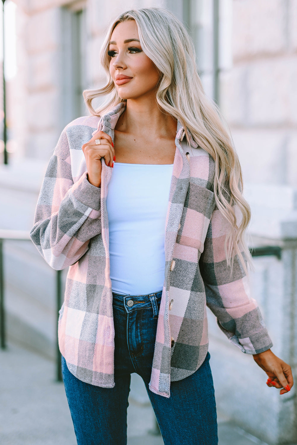 Plaid Button Up Dropped Shoulder Jacket - Tantalize Boutique